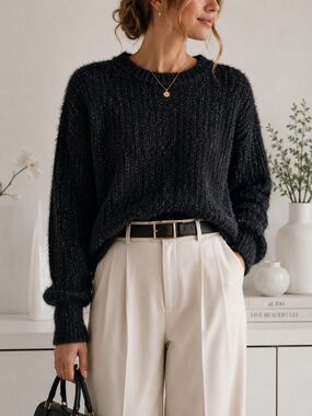 FRNCH NWT Paris Black Eyelash Knit Metallic Sparkle Sweater Size S/M